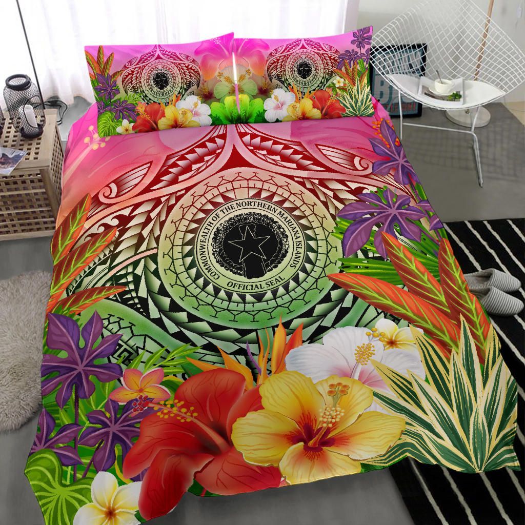 Northern Mariana Islands Polynesian Bedding Set - Manta Ray Tropical Flowers