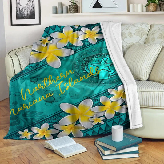 Northern Mariana Islands Polynesian Blanket - Plumeria With Blue Ocean