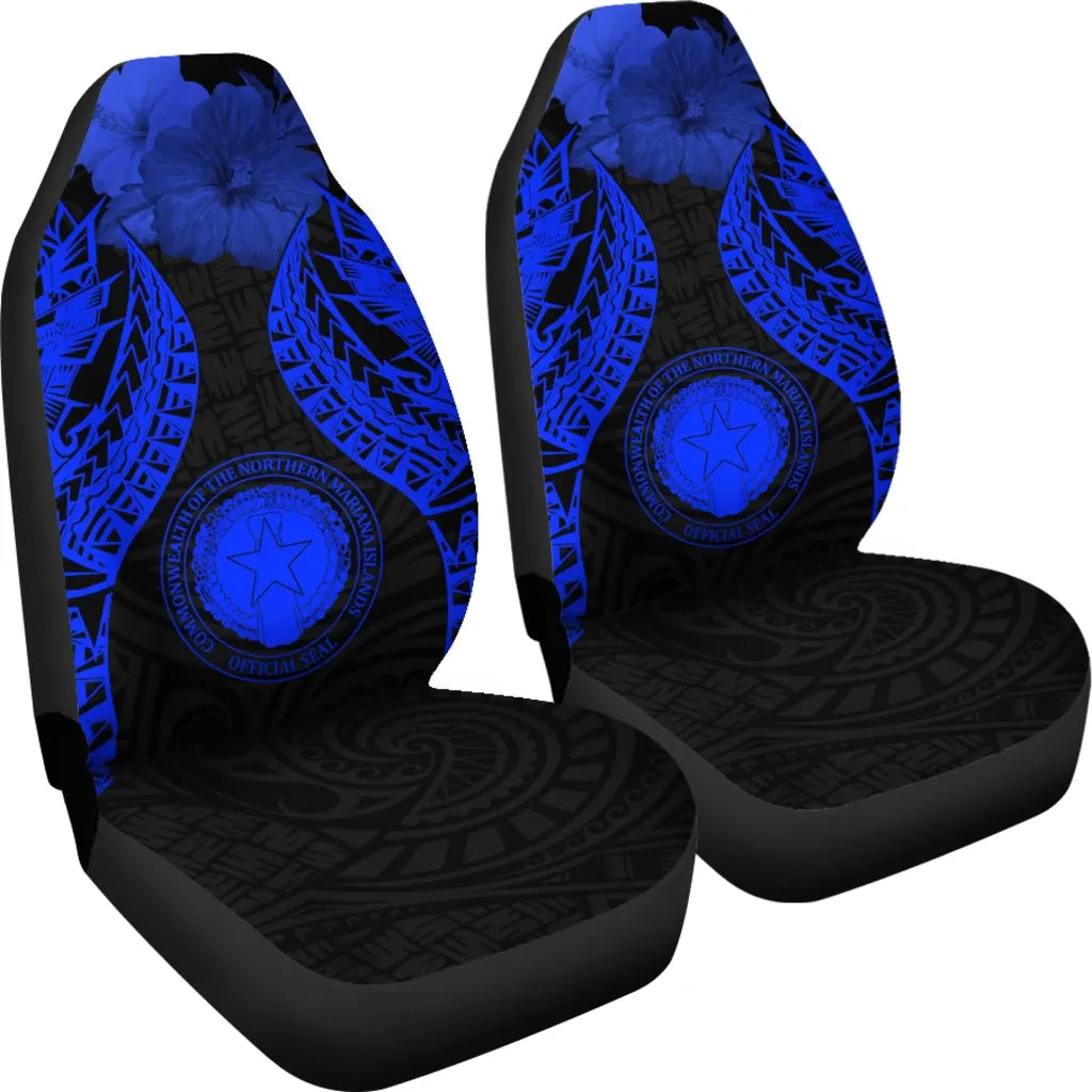 Northern Mariana Islands Polynesian Car Seat Covers Pride Seal And Hibiscus Blue