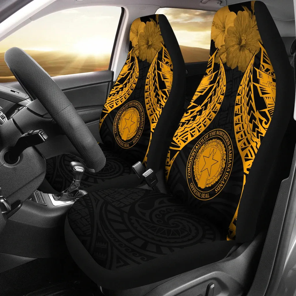 Northern Mariana Islands Polynesian Car Seat Covers Pride Seal And Hibiscus Gold