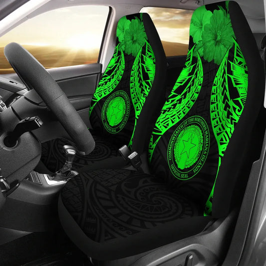 Northern Mariana Islands Polynesian Car Seat Covers Pride Seal And Hibiscus Green