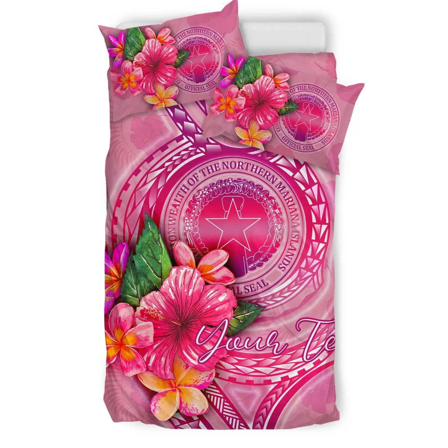 Northern Mariana Islands Polynesian Custom Personalised Bedding Set - Floral With Seal Pink