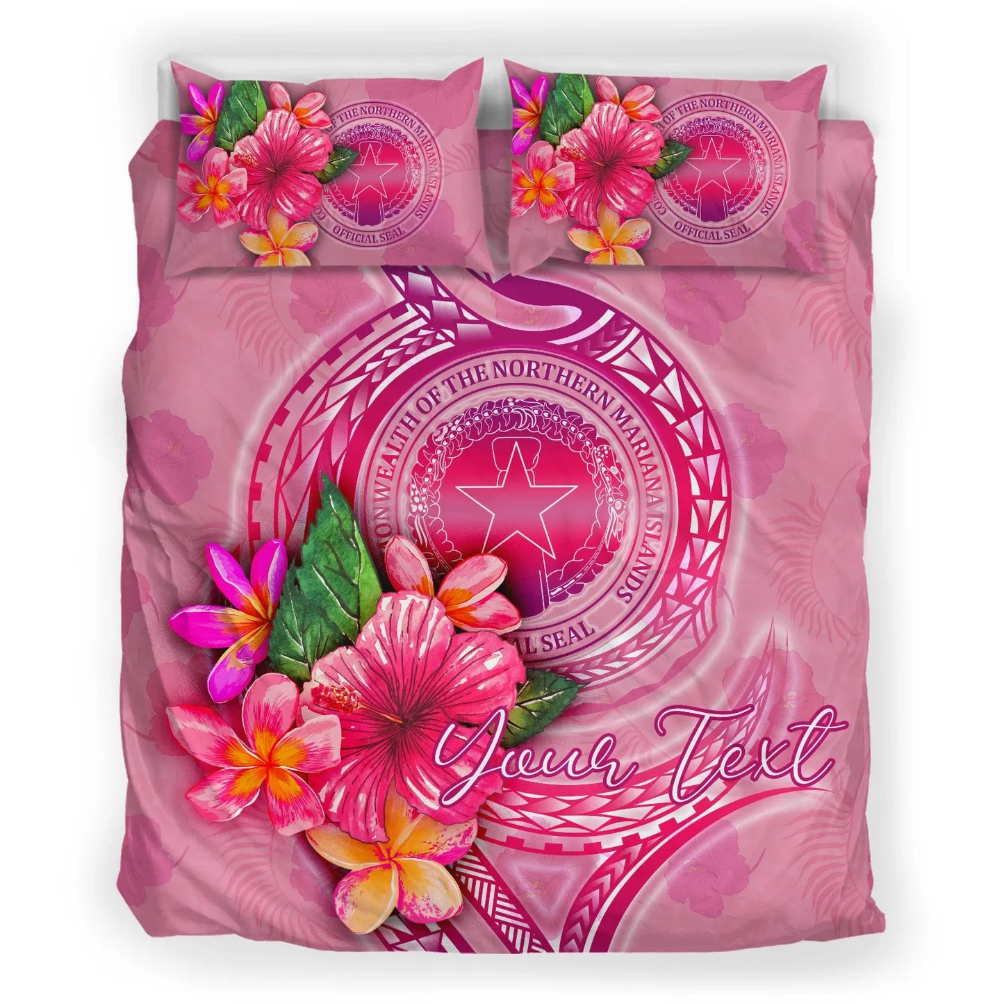 Northern Mariana Islands Polynesian Custom Personalised Bedding Set - Floral With Seal Pink