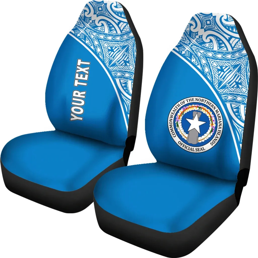 Northern Mariana Islands Custom Personalised Car Seat Covers - CNMI Seal Polynesian Blue Curve