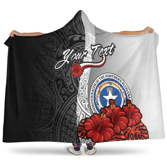 Northern Mariana Islands Polynesian Custom Personalised Hooded Blanket- Coat Of Arm With Hibiscus White
