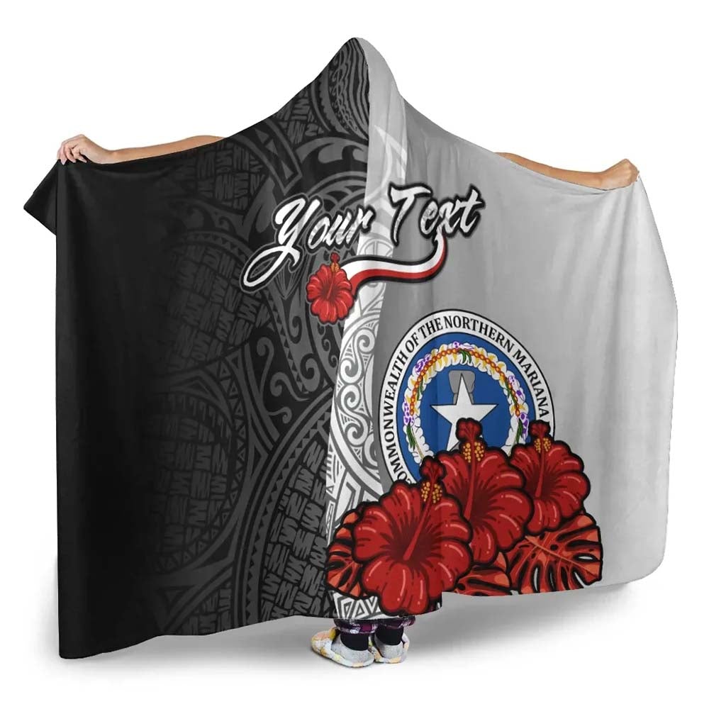 Northern Mariana Islands Polynesian Custom Personalised Hooded Blanket- Coat Of Arm With Hibiscus White