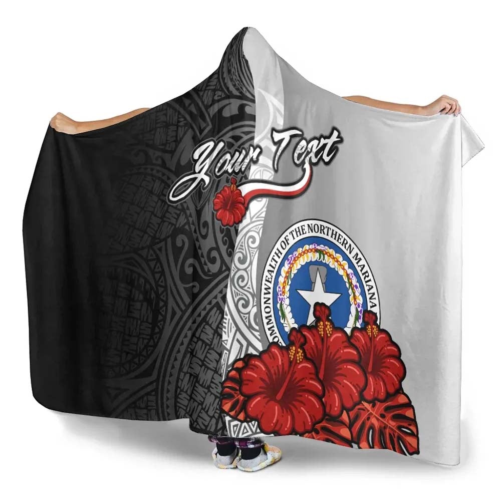 Northern Mariana Islands Polynesian Custom Personalised Hooded Blanket- Coat Of Arm With Hibiscus White