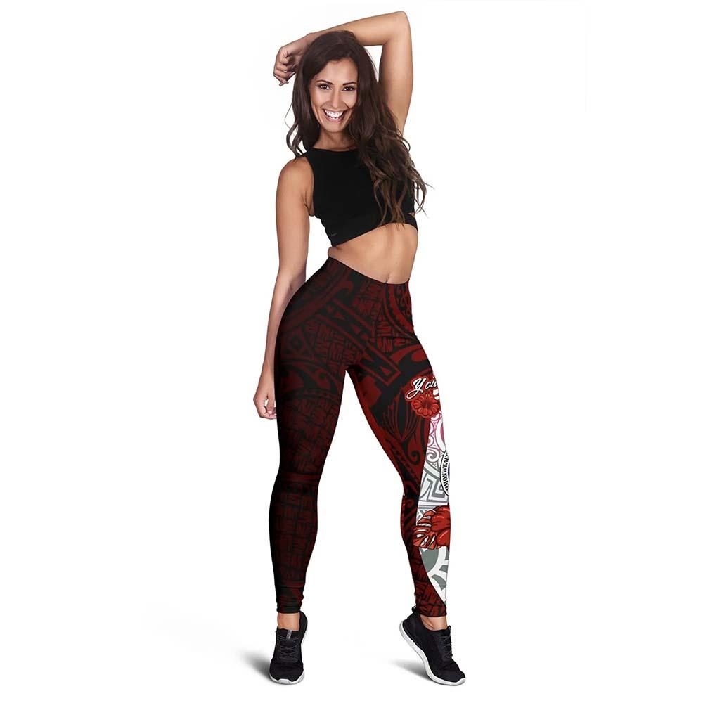 Northern Mariana Islands Polynesian Custom Personalised Legging  - Coat Of Arm With Hibiscus