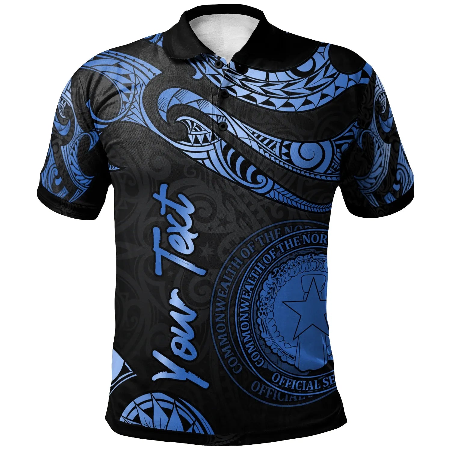 Northern Mariana Islands Polynesian Custom Personalised Polo Shirt - Poly Tattoo Blue Version
