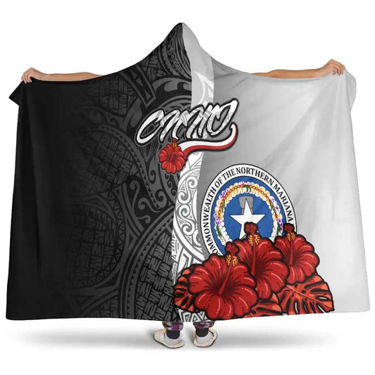 Northern Mariana Islands Polynesian Hooded Blanket- Coat Of Arm With Hibiscus White