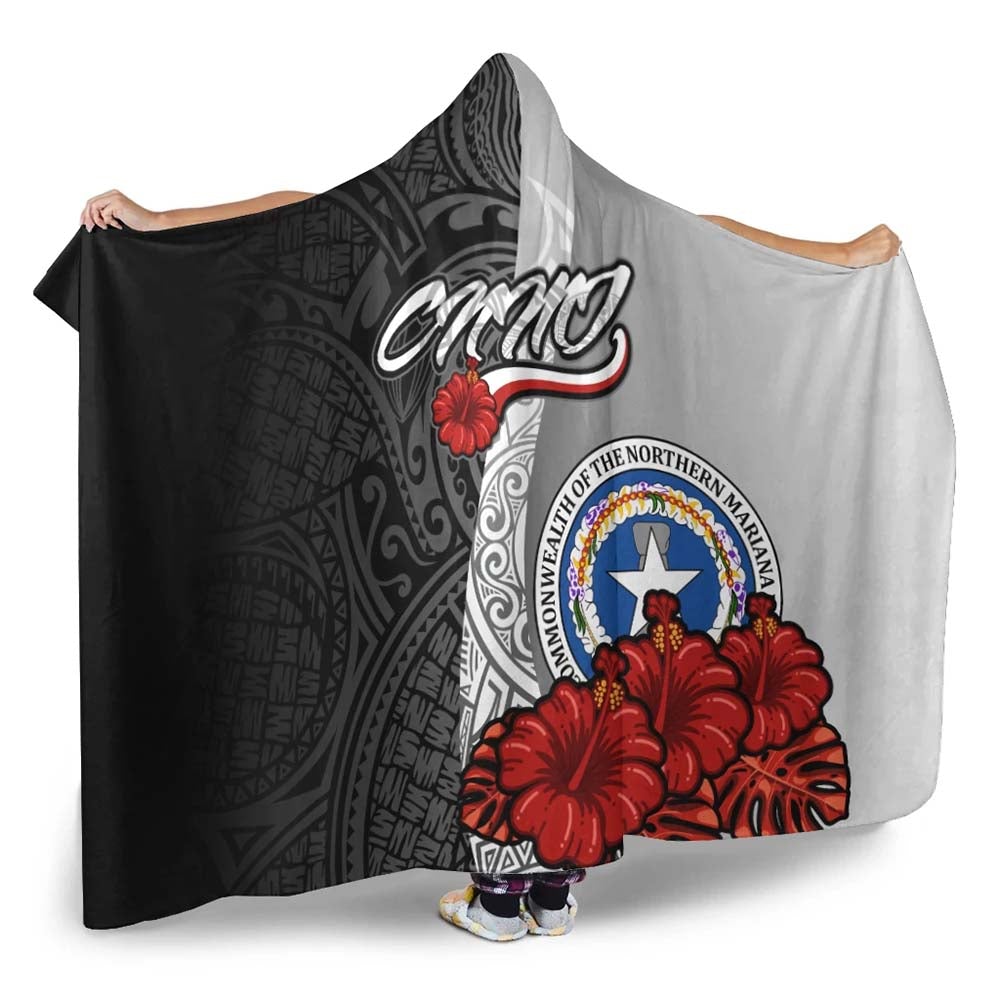 Northern Mariana Islands Polynesian Hooded Blanket- Coat Of Arm With Hibiscus White