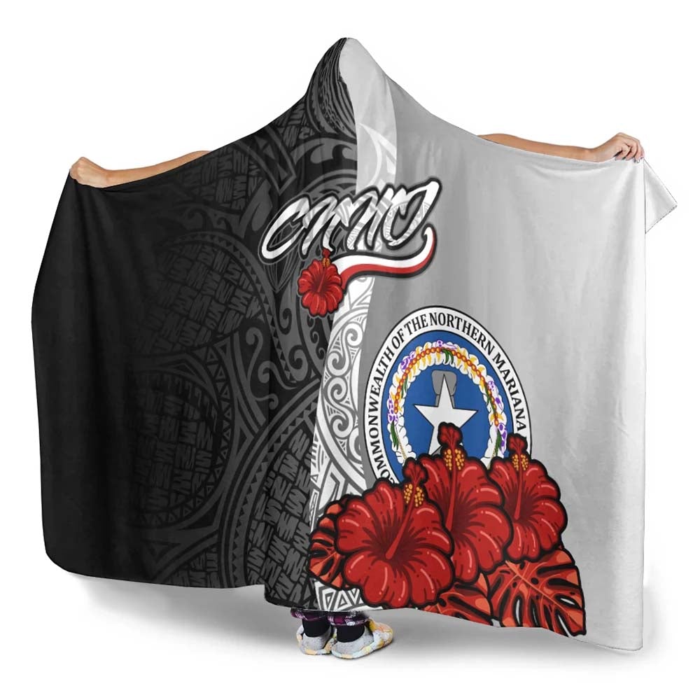 Northern Mariana Islands Polynesian Hooded Blanket- Coat Of Arm With Hibiscus White