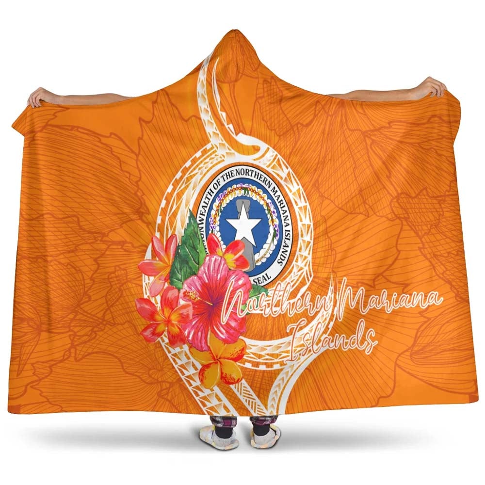 Northern Mariana Islands Polynesian Hooded Blanket - Orange Floral With Seal