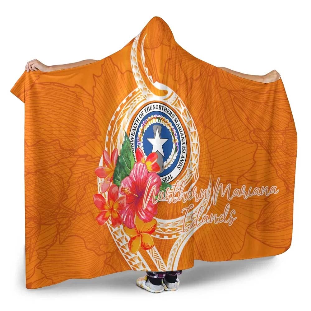 Northern Mariana Islands Polynesian Hooded Blanket - Orange Floral With Seal