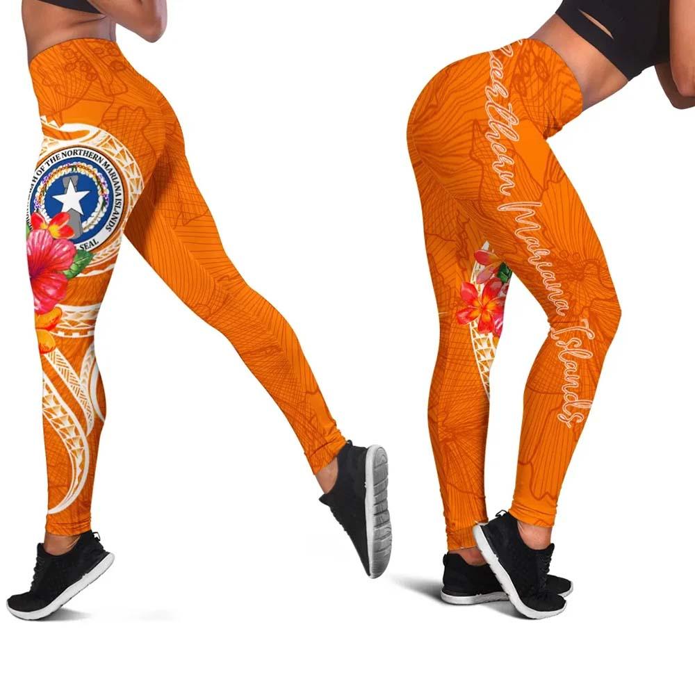 Northern Mariana Islands Polynesian Legging - Orange Floral With Seal