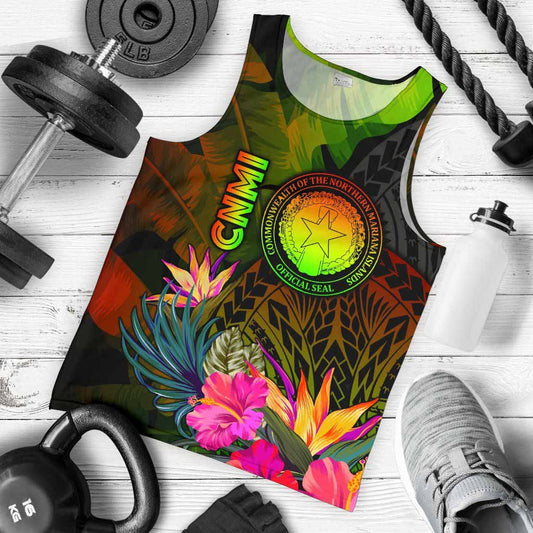 Northern Mariana Islands Polynesian Men Tank Top - Hibiscus and Banana Leaves