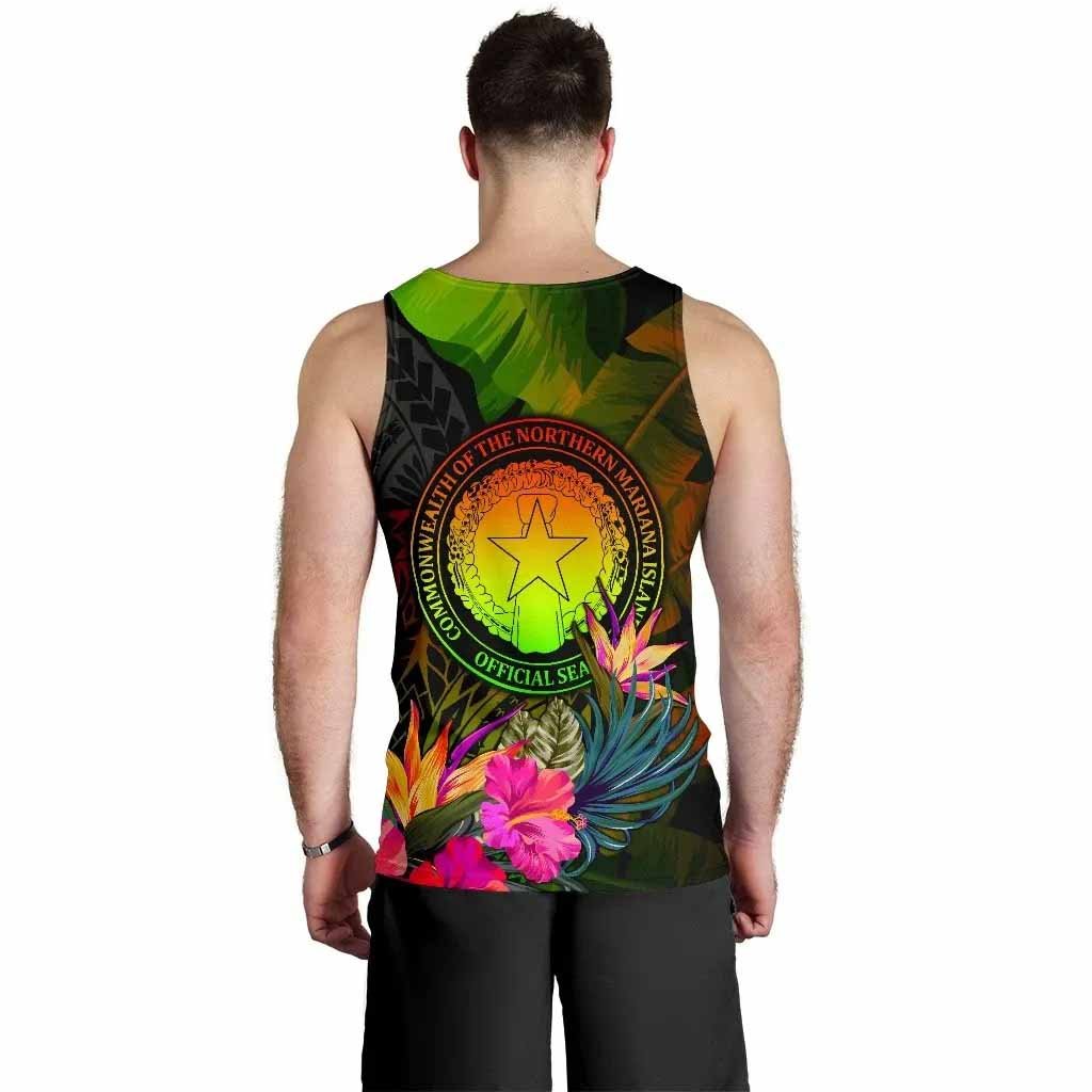 Northern Mariana Islands Polynesian Men Tank Top - Hibiscus and Banana Leaves