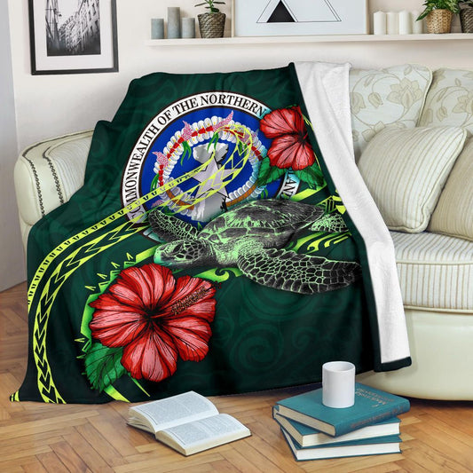 Northern Mariana Islands Polynesian Premium Blanket - Green Turtle Hibiscus