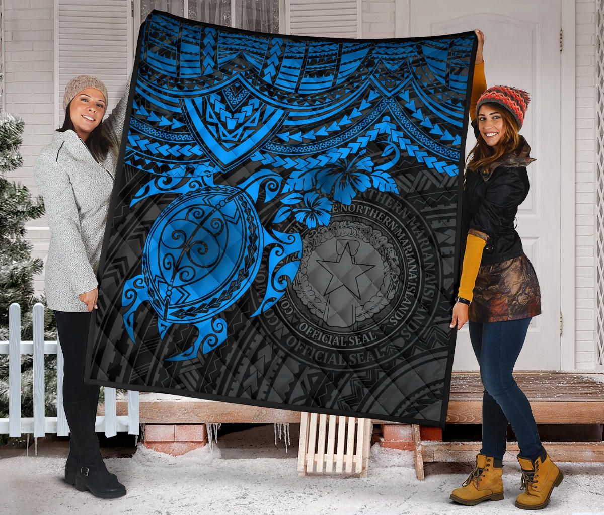 Northern Mariana Islands Polynesian Premium Quilt - Northern Mariana Islands Seal & Blue Turtle Hibiscus