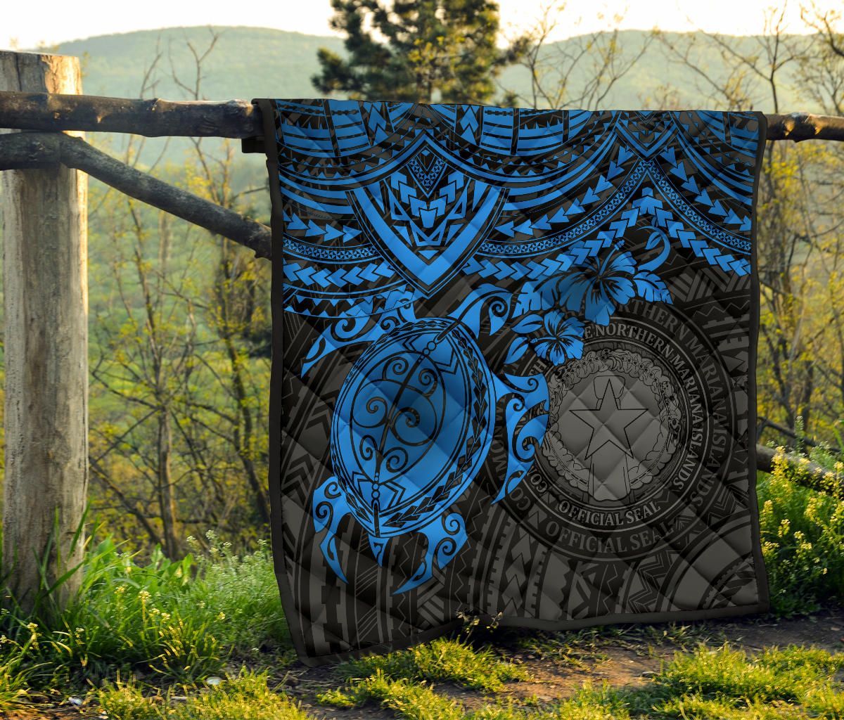 Northern Mariana Islands Polynesian Premium Quilt - Northern Mariana Islands Seal & Blue Turtle Hibiscus