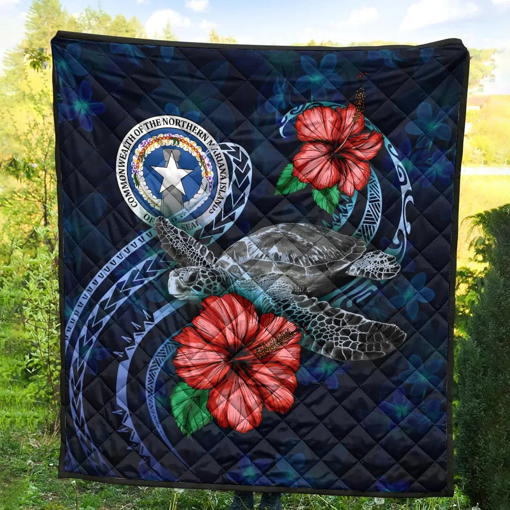 Northern Mariana Islands Polynesian Premium Quilt - Blue Turtle Hibiscus