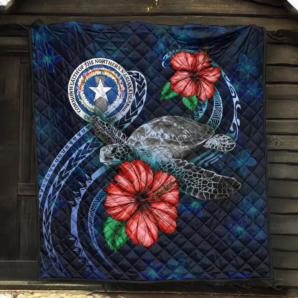 Northern Mariana Islands Polynesian Premium Quilt - Blue Turtle Hibiscus