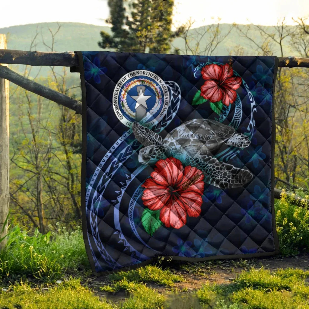 Northern Mariana Islands Polynesian Premium Quilt - Blue Turtle Hibiscus