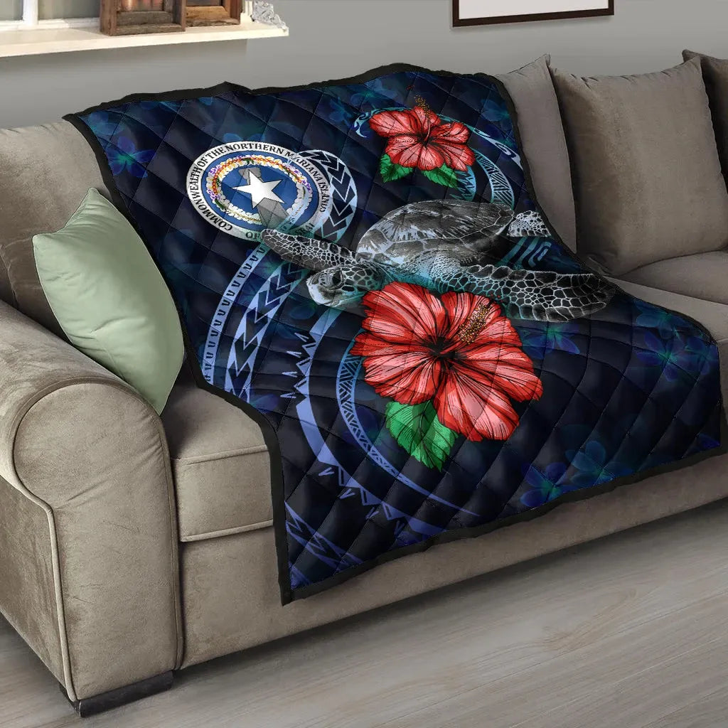 Northern Mariana Islands Polynesian Premium Quilt - Blue Turtle Hibiscus