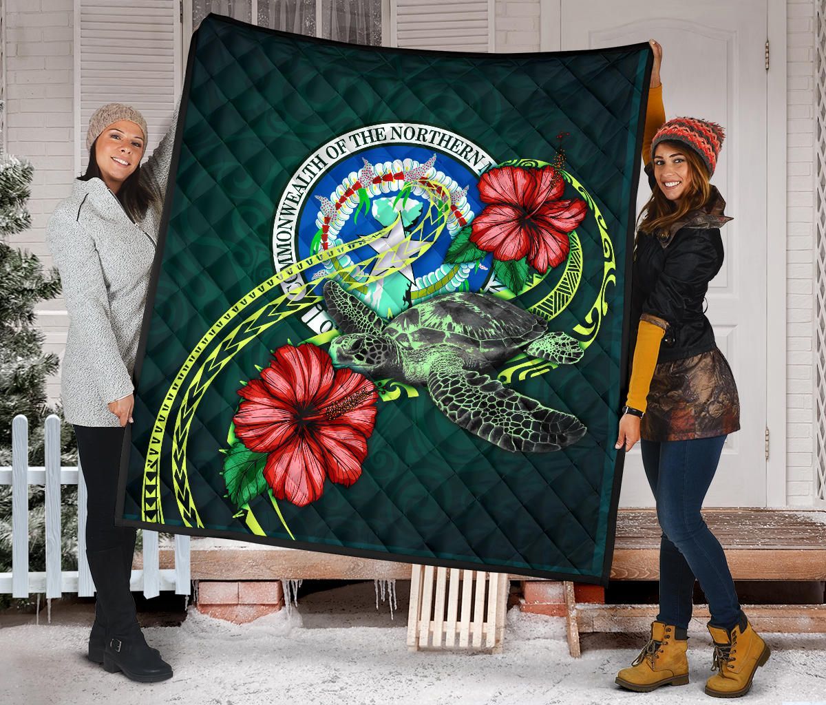 Northern Mariana Islands Polynesian Premium Quilt - Green Turtle Hibiscus