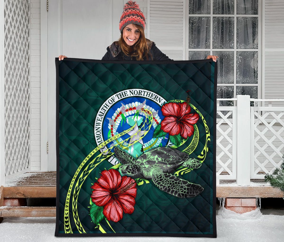 Northern Mariana Islands Polynesian Premium Quilt - Green Turtle Hibiscus
