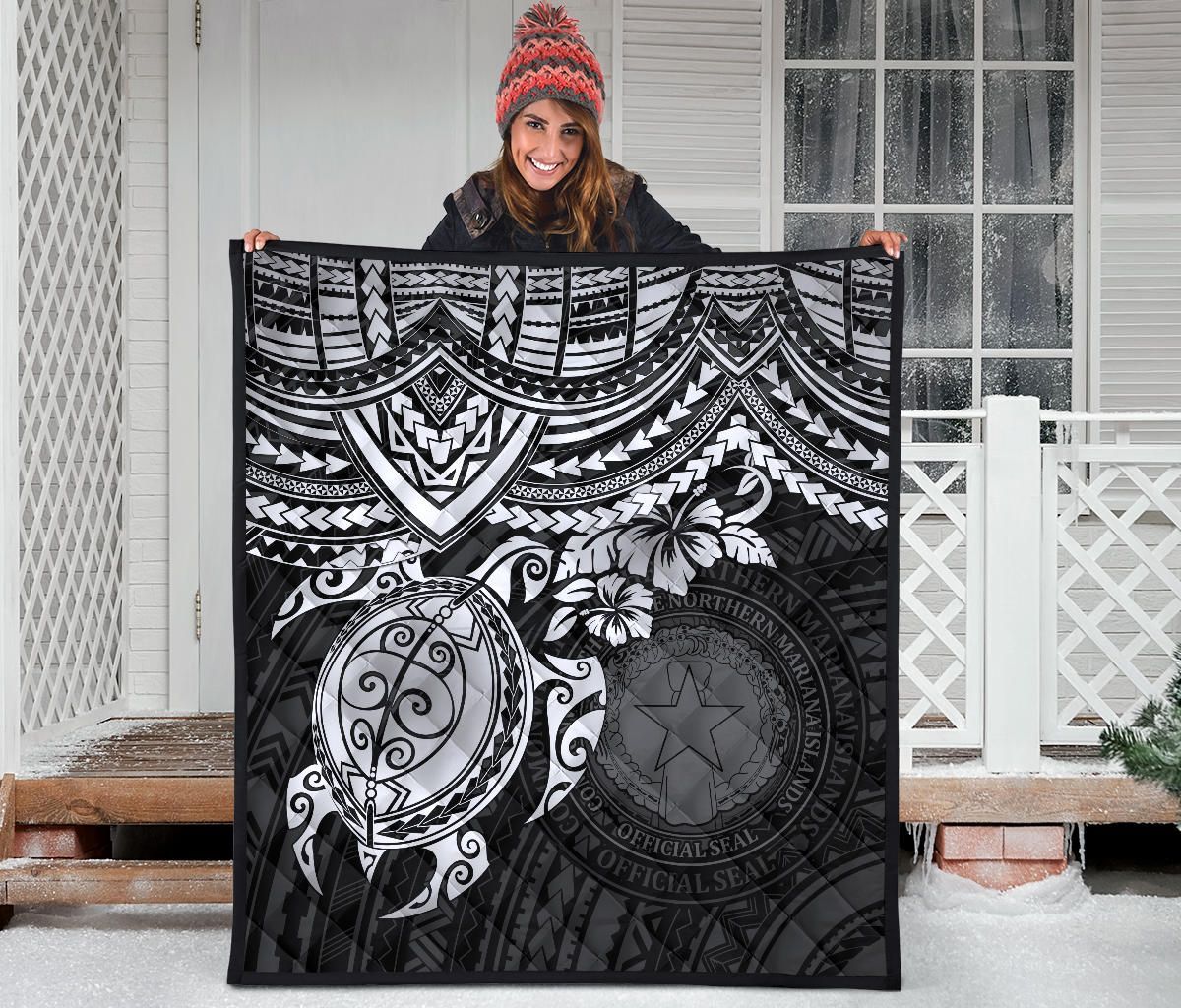 Northern Mariana Islands Polynesian Premium Quilt - Northern Mariana Islands Seal & White Turtle Hibiscus