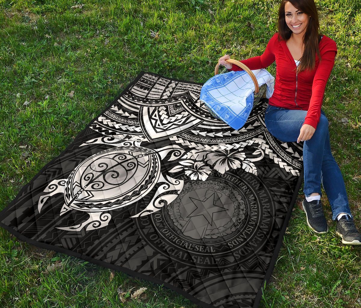 Northern Mariana Islands Polynesian Premium Quilt - Northern Mariana Islands Seal & White Turtle Hibiscus