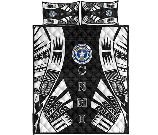 Northern Mariana Islands Quilt Bed Set - Northern Mariana Islands Seal & Polynesian White Tattoo Style