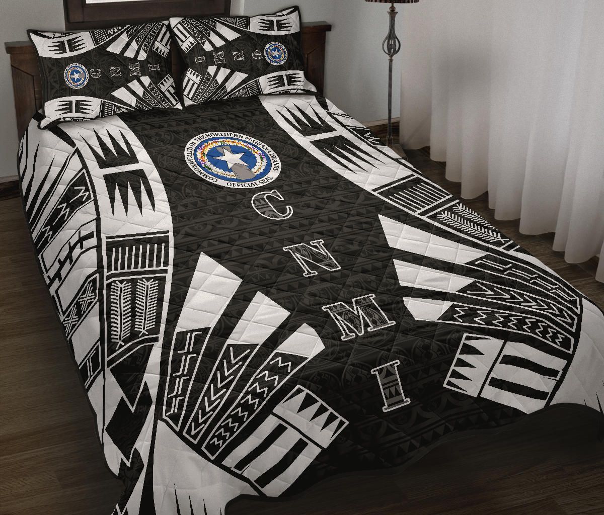 Northern Mariana Islands Quilt Bed Set - Northern Mariana Islands Seal & Polynesian White Tattoo Style