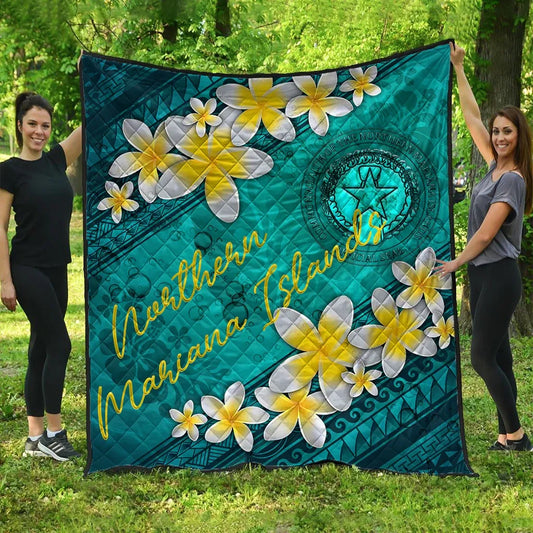 Northern Mariana Islands Polynesian Quilt - Plumeria With Blue Ocean