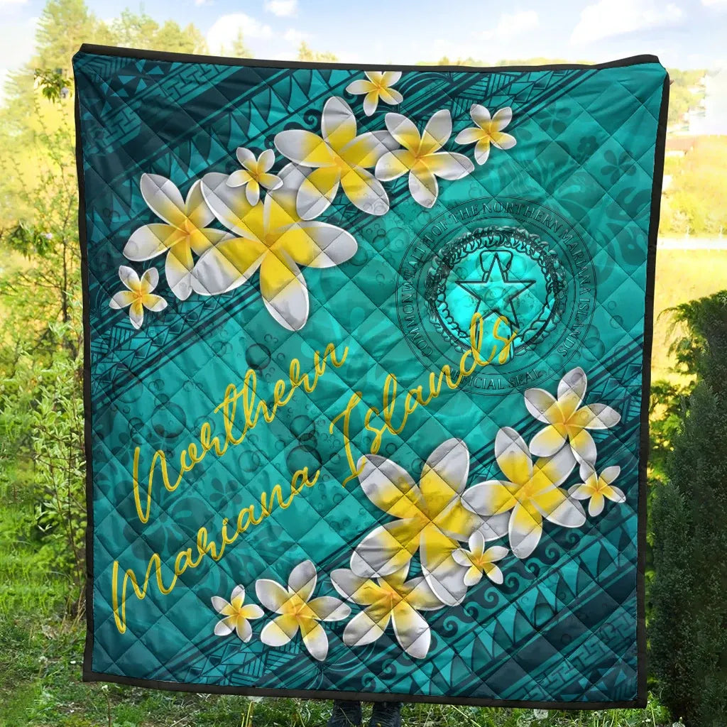 Northern Mariana Islands Polynesian Quilt - Plumeria With Blue Ocean
