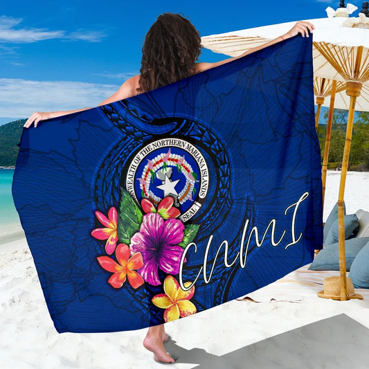 Northern Mariana Islands Polynesian Sarong - Floral With Seal Blue