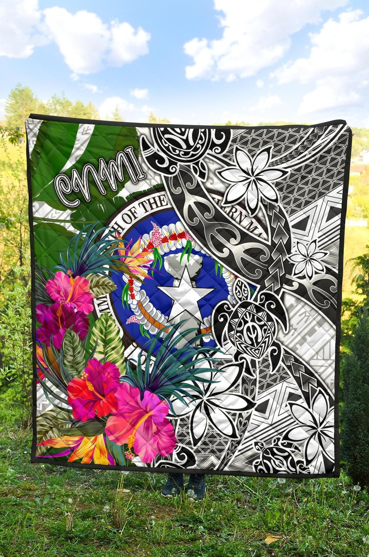 Northern Mariana Islands Premium Quilt White - Turtle Plumeria Banana Leaf