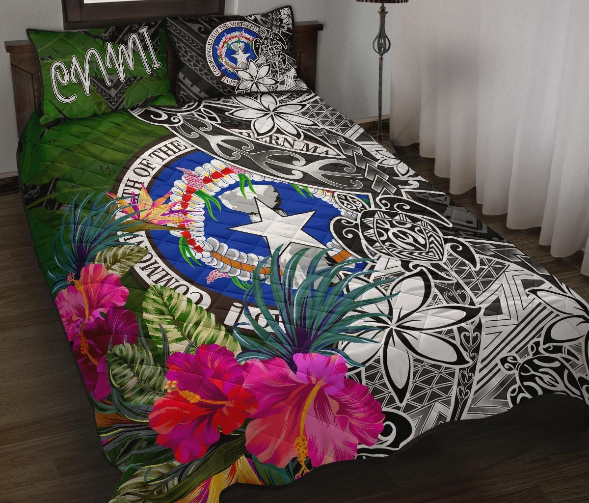 Northern Mariana Islands Quilt Bed Set - Turtle Plumeria Banana Leaf