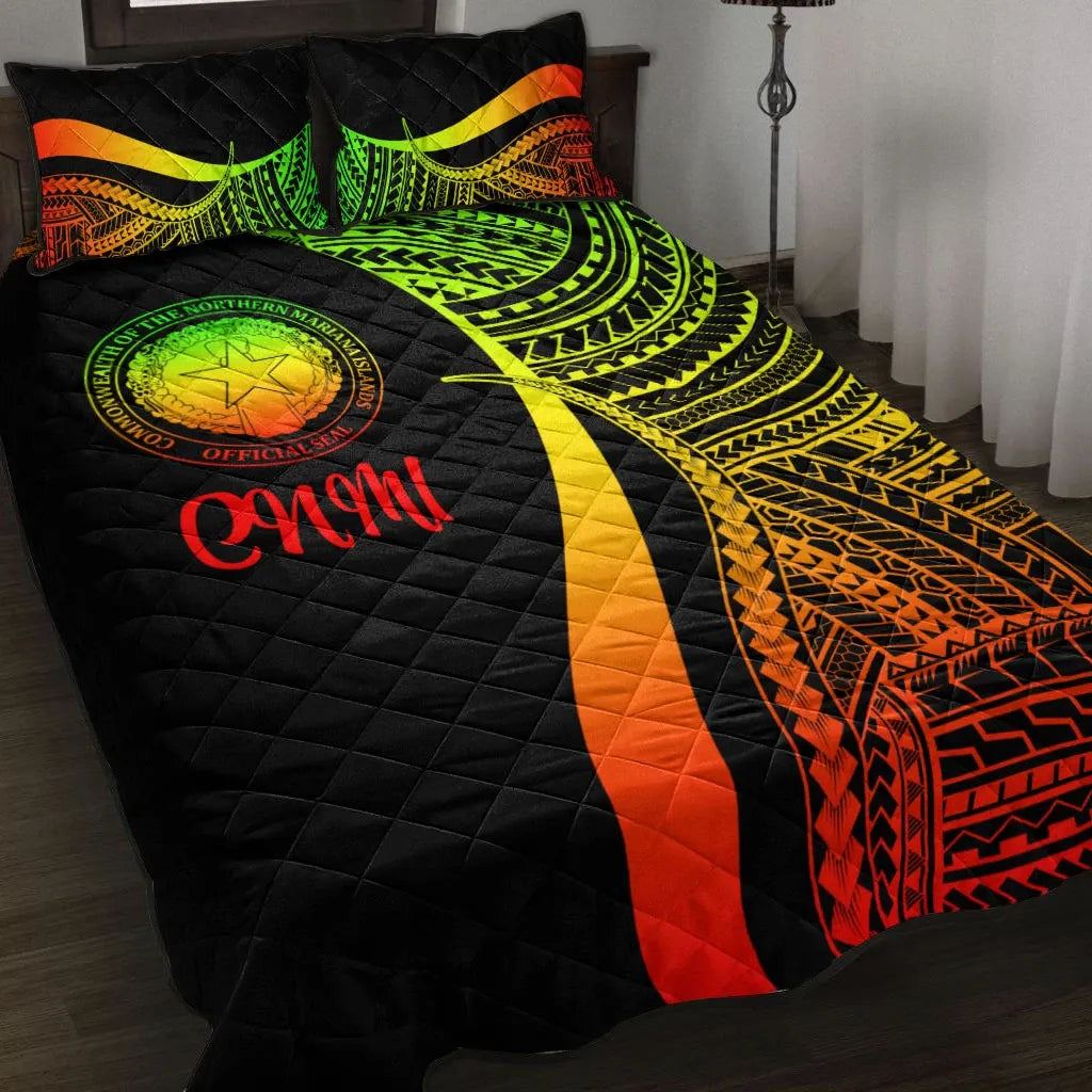 Northern Mariana Islands Quilt Bed Set - Reggae Polynesian Tentacle Tribal Pattern