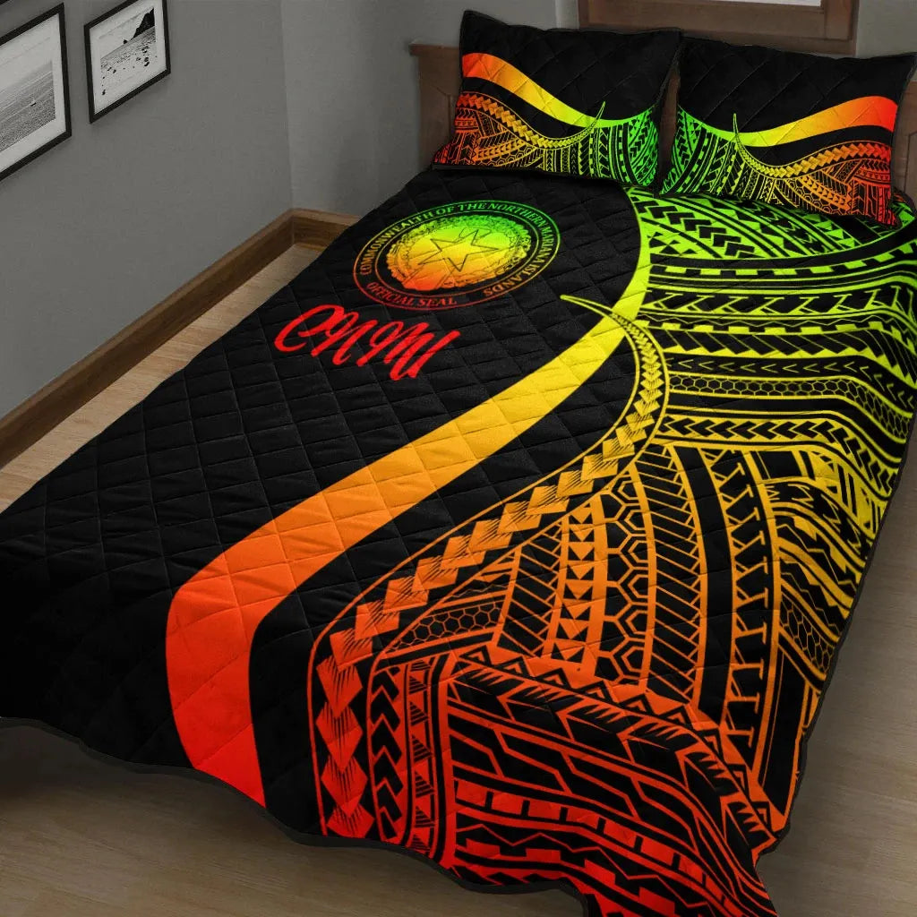 Northern Mariana Islands Quilt Bed Set - Reggae Polynesian Tentacle Tribal Pattern