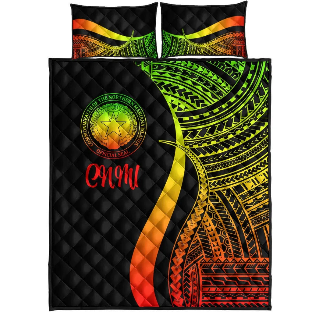 Northern Mariana Islands Quilt Bed Set - Reggae Polynesian Tentacle Tribal Pattern
