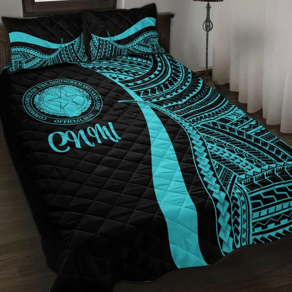 Northern Mariana Islands Quilt Bed Set - Turquoise Polynesian Tentacle Tribal Pattern