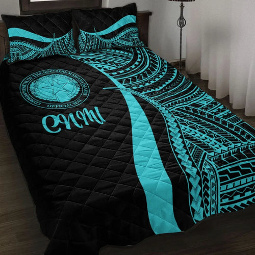 Northern Mariana Islands Quilt Bed Set - Turquoise Polynesian Tentacle Tribal Pattern