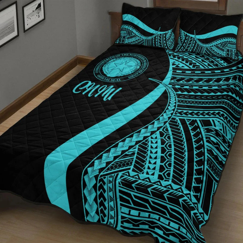 Northern Mariana Islands Quilt Bed Set - Turquoise Polynesian Tentacle Tribal Pattern