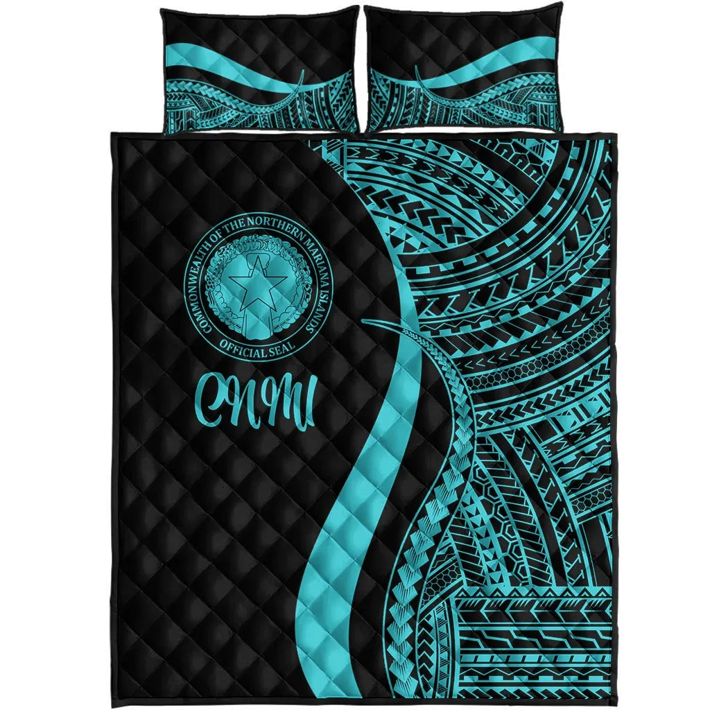 Northern Mariana Islands Quilt Bed Set - Turquoise Polynesian Tentacle Tribal Pattern