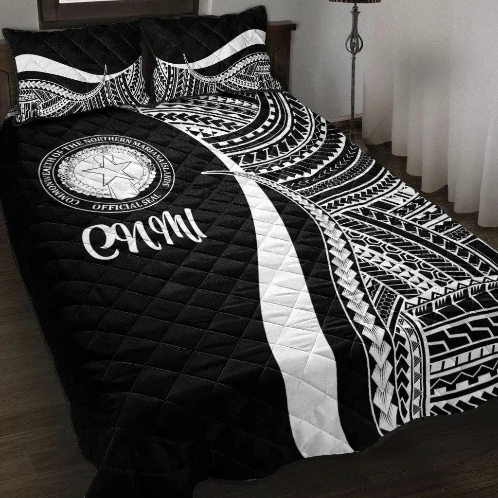 Northern Mariana Islands Quilt Bed Set - White Polynesian Tentacle Tribal Pattern