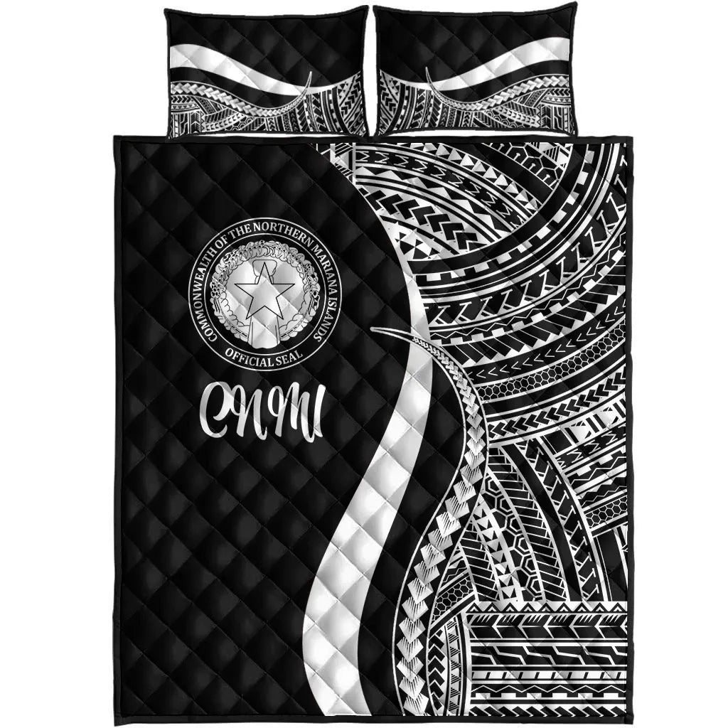 Northern Mariana Islands Quilt Bed Set - White Polynesian Tentacle Tribal Pattern