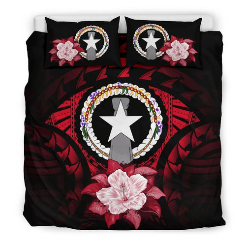 Northern Mariana Islands Duvet Cover Set - Northern Mariana Islands Flag & Red Hibiscus