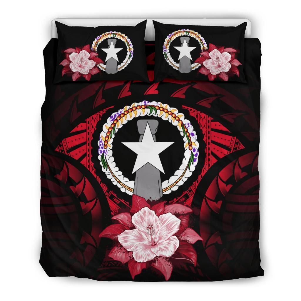 Northern Mariana Islands Duvet Cover Set - Northern Mariana Islands Flag & Red Hibiscus